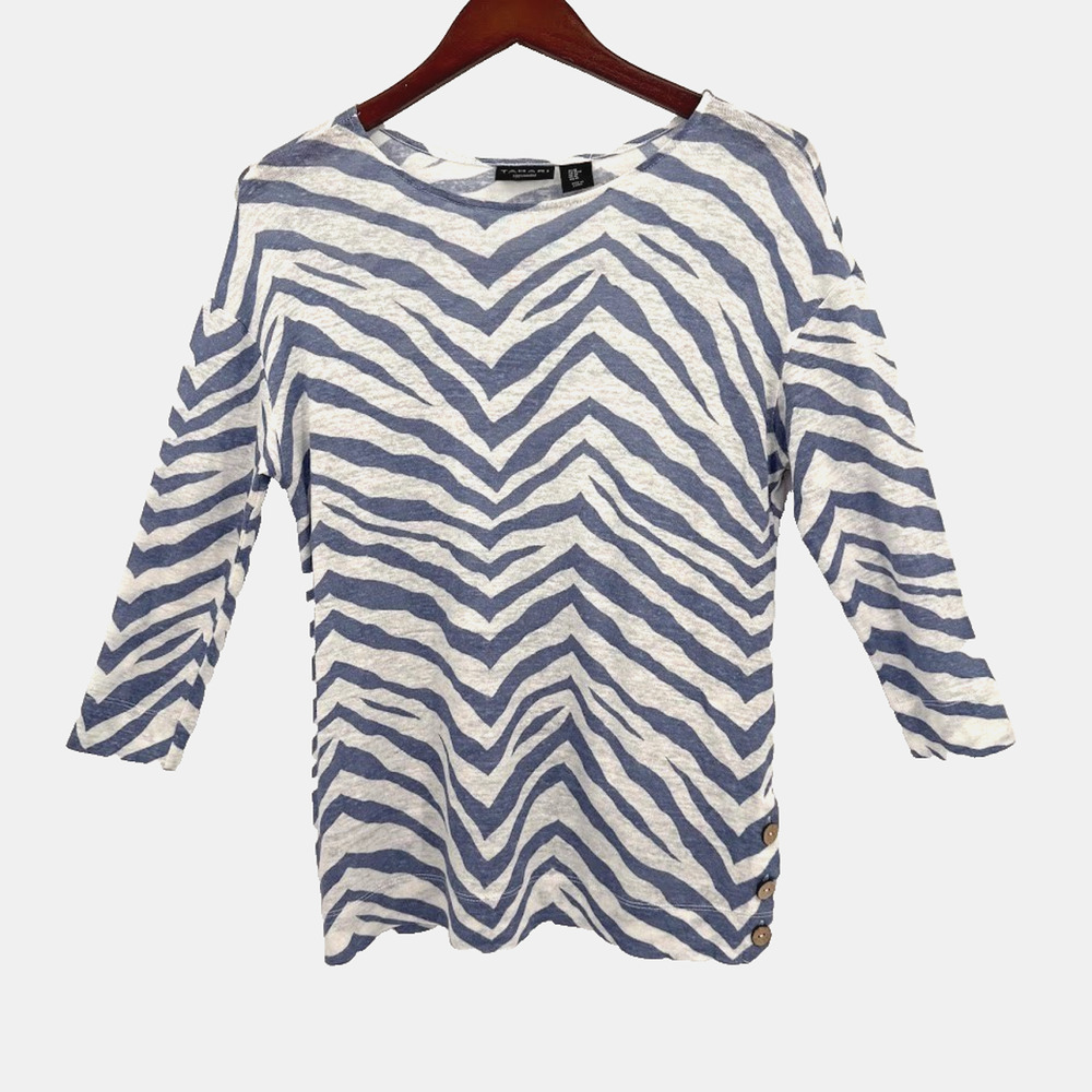Tahari 100% Linen Blouse Womens Medium Blue White Zebra Print 3/4 Sleeve Top